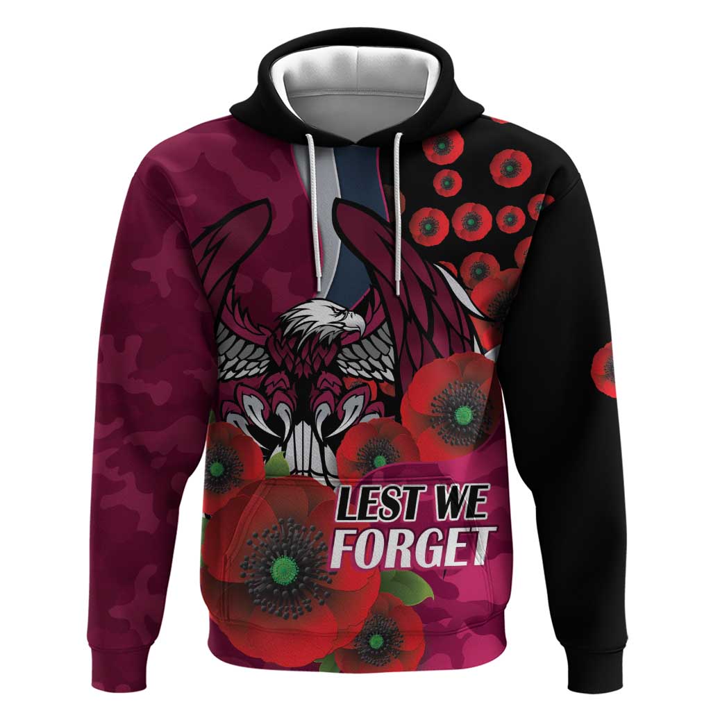 Manly Warringah Sea Eagles ANZAC Personalised Hoodie Lest We Forget Poppy Camo
