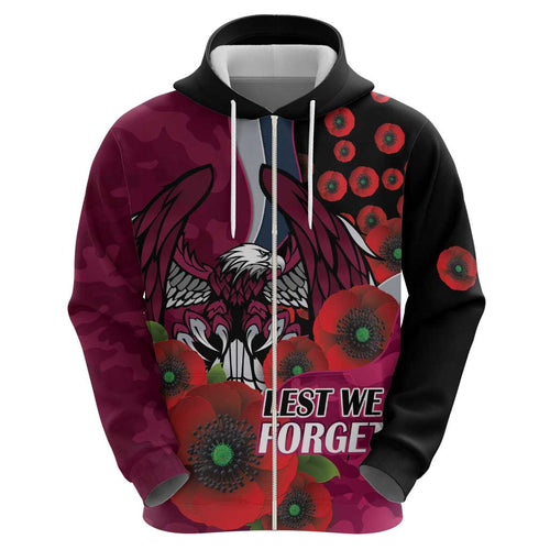Manly Warringah Sea Eagles ANZAC Personalised Hoodie Lest We Forget Poppy Camo