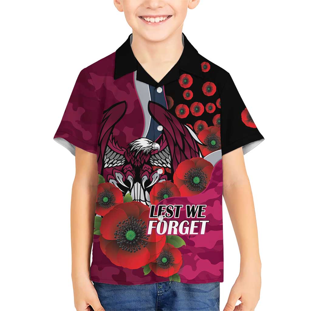 Manly Warringah Sea Eagles ANZAC Personalised Kid Hawaiian Shirt Lest We Forget Poppy Camo