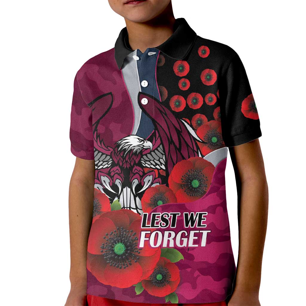 Manly Warringah Sea Eagles ANZAC Personalised Kid Polo Shirt Lest We Forget Poppy Camo