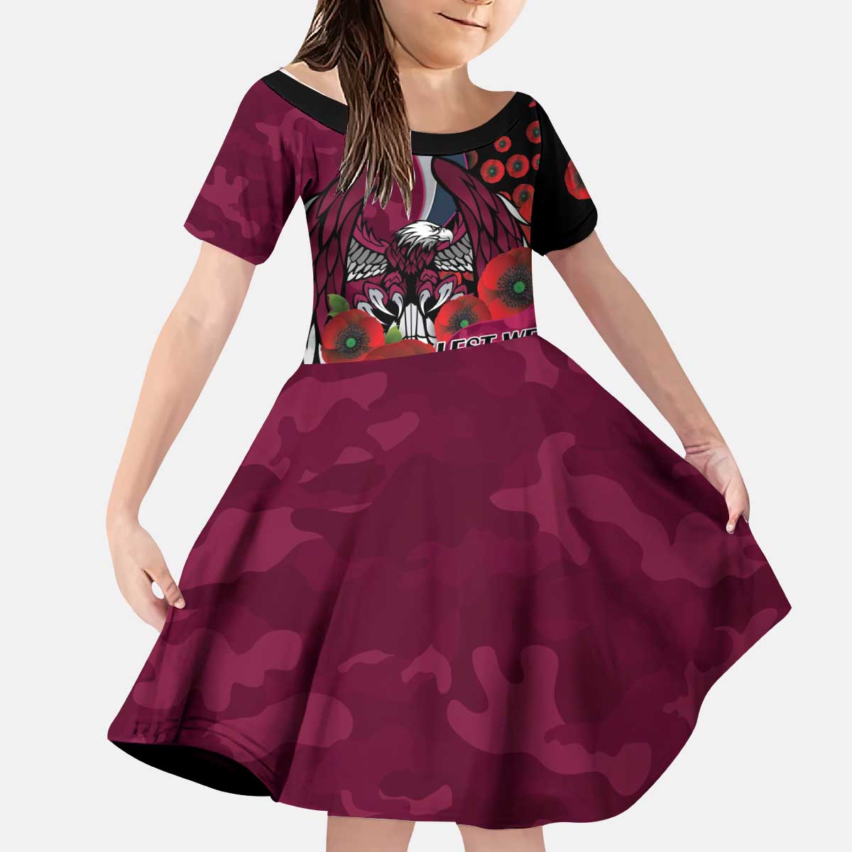 Manly Warringah Sea Eagles ANZAC Personalised Kid Short Sleeve Dress Lest We Forget Poppy Camo