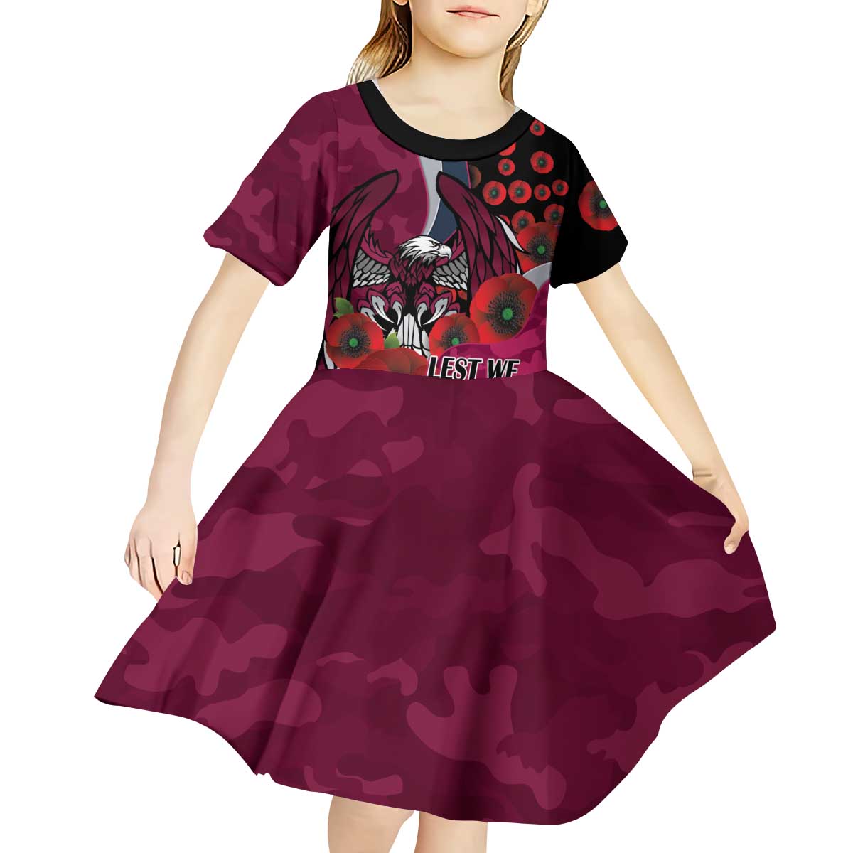 Manly Warringah Sea Eagles ANZAC Personalised Kid Short Sleeve Dress Lest We Forget Poppy Camo