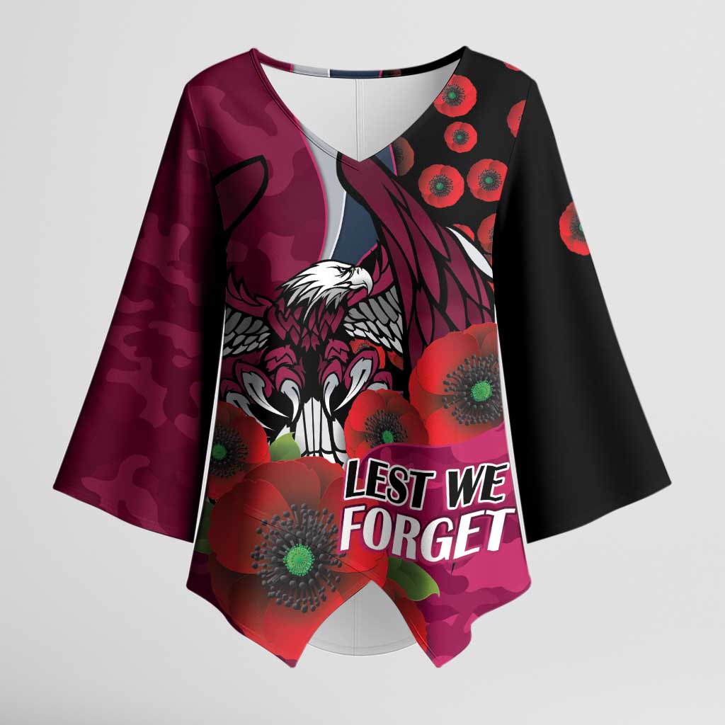 Manly Warringah Sea Eagles ANZAC Personalised Kimono Sleeve Blouse Lest We Forget Poppy Camo