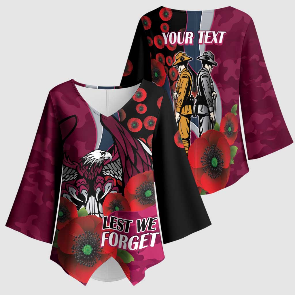 Manly Warringah Sea Eagles ANZAC Personalised Kimono Sleeve Blouse Lest We Forget Poppy Camo
