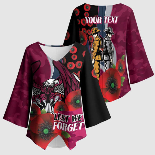 Manly Warringah Sea Eagles ANZAC Personalised Kimono Sleeve Blouse Lest We Forget Poppy Camo