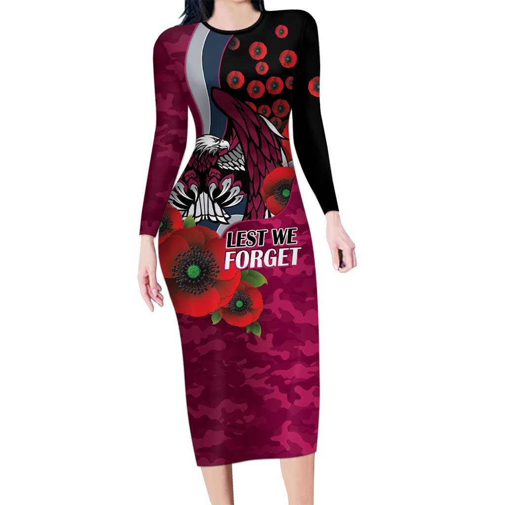 Manly Warringah Sea Eagles ANZAC Personalised Long Sleeve Bodycon Dress Lest We Forget Poppy Camo