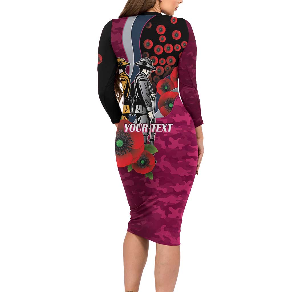 Manly Warringah Sea Eagles ANZAC Personalised Long Sleeve Bodycon Dress Lest We Forget Poppy Camo
