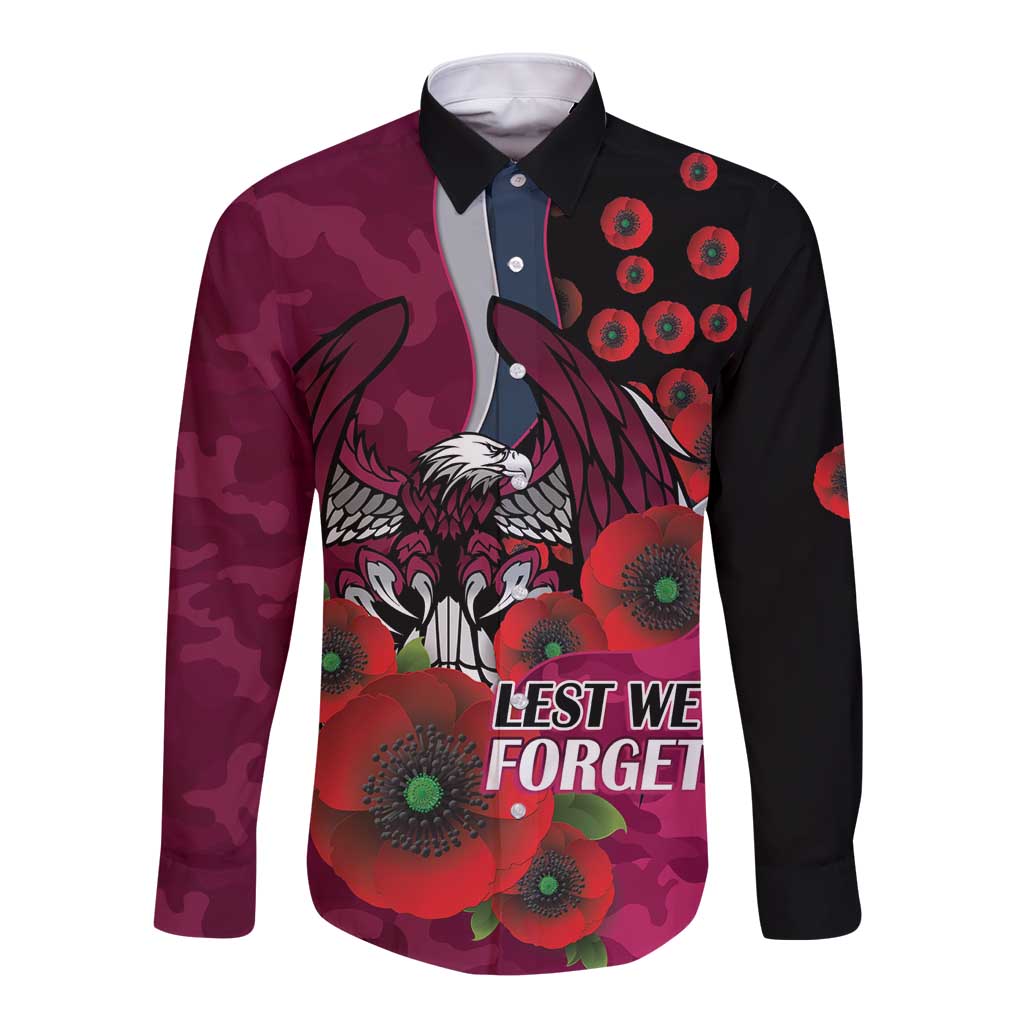 Manly Warringah Sea Eagles ANZAC Personalised Long Sleeve Button Shirt Lest We Forget Poppy Camo