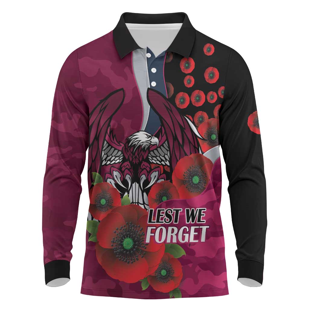 Manly Warringah Sea Eagles ANZAC Personalised Long Sleeve Polo Shirt Lest We Forget Poppy Camo