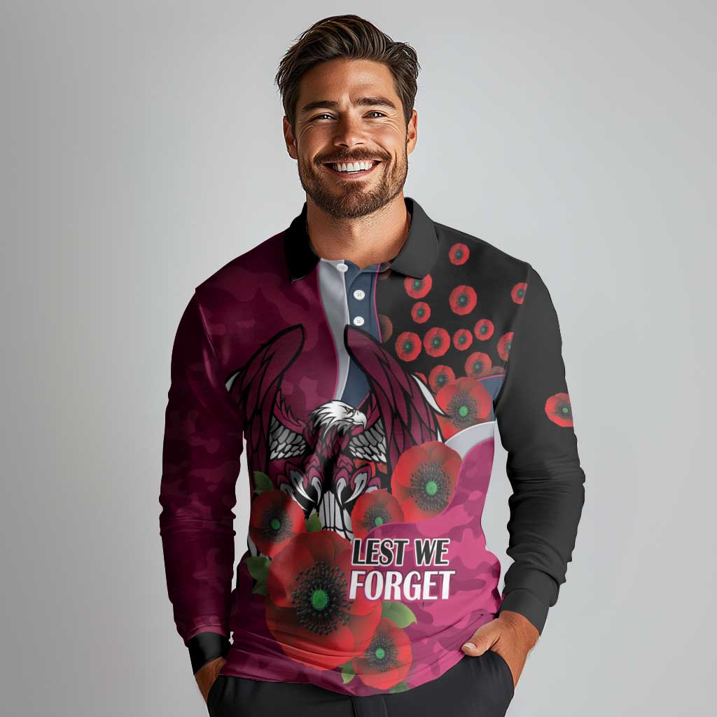 Manly Warringah Sea Eagles ANZAC Personalised Long Sleeve Polo Shirt Lest We Forget Poppy Camo