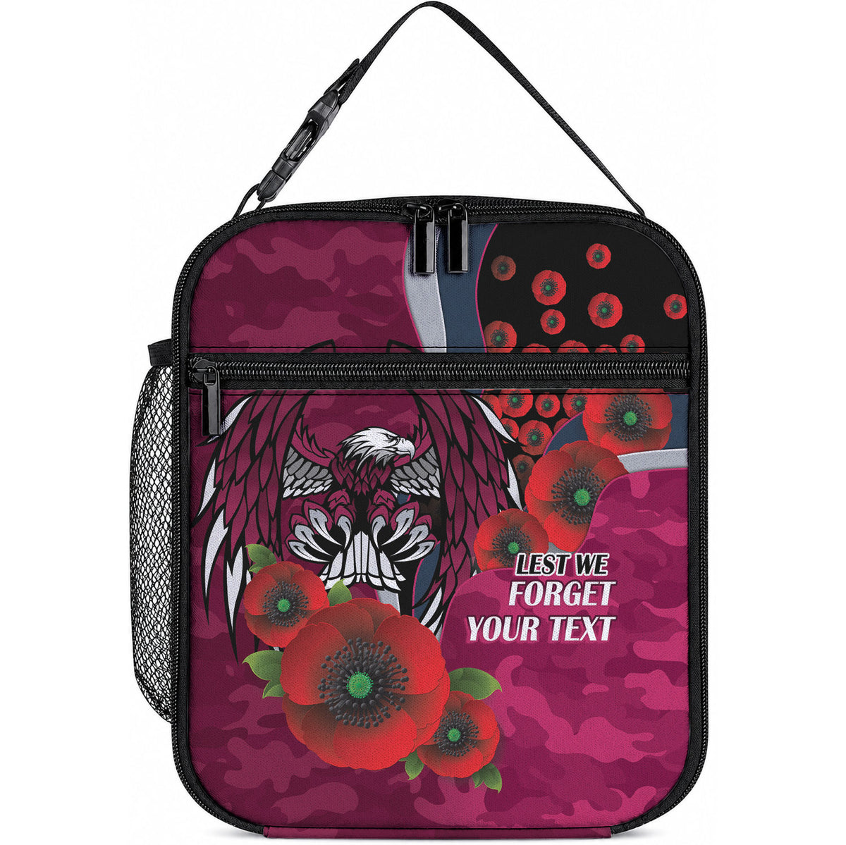 Manly Warringah Sea Eagles ANZAC Personalised Lunch Bag Lest We Forget Poppy Camo