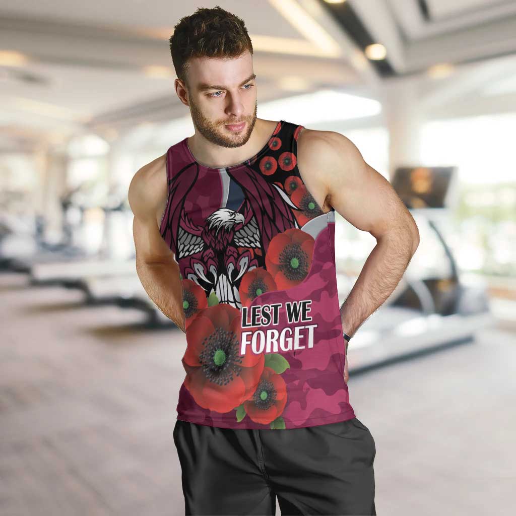 Manly Warringah Sea Eagles ANZAC Personalised Men Tank Top Lest We Forget Poppy Camo