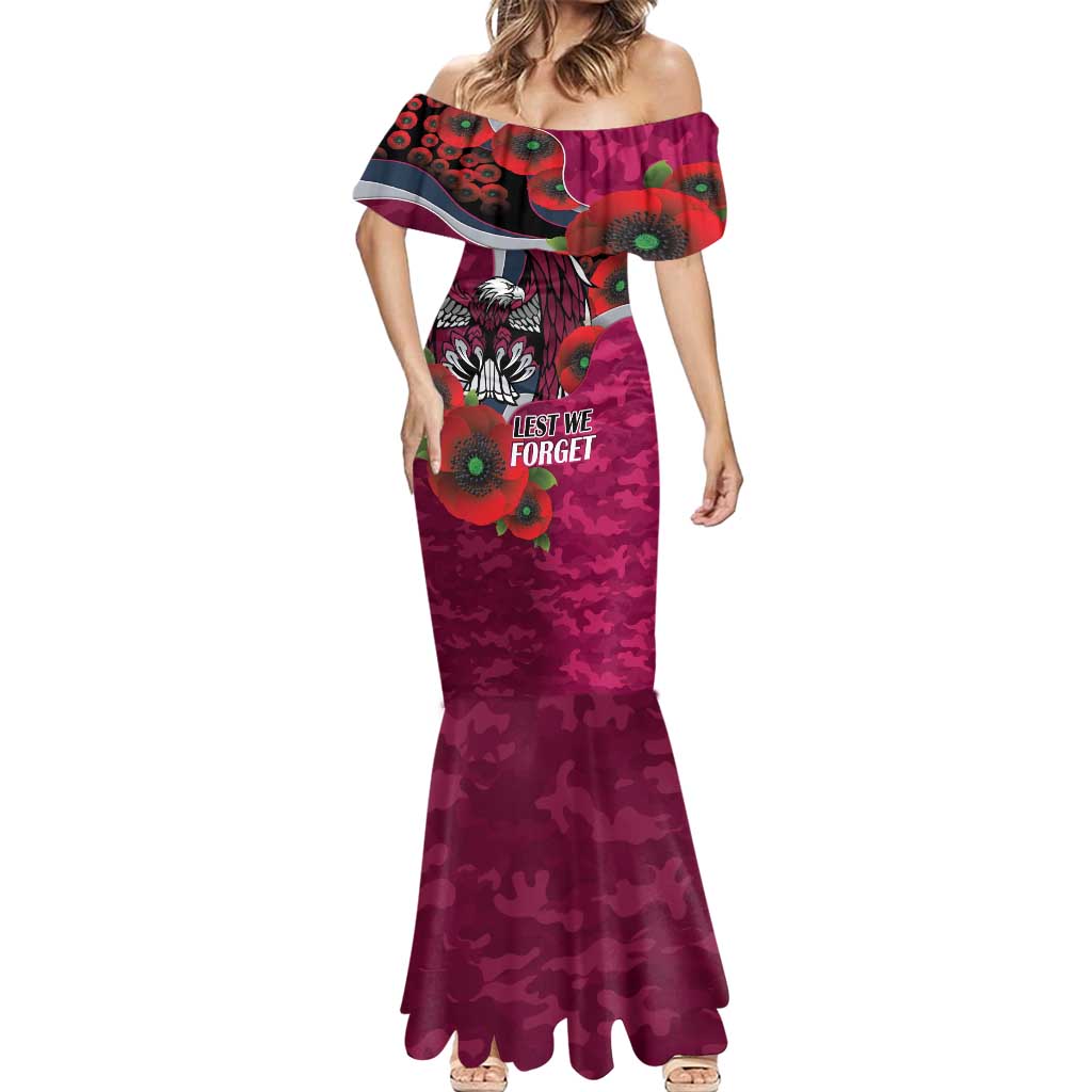 Manly Warringah Sea Eagles ANZAC Personalised Mermaid Dress Lest We Forget Poppy Camo