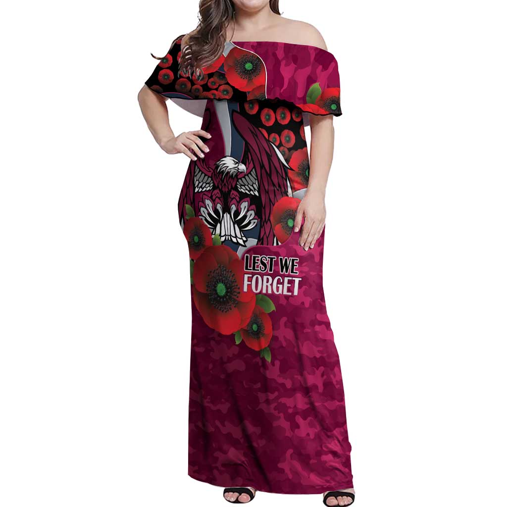 Manly Warringah Sea Eagles ANZAC Personalised Off Shoulder Maxi Dress Lest We Forget Poppy Camo