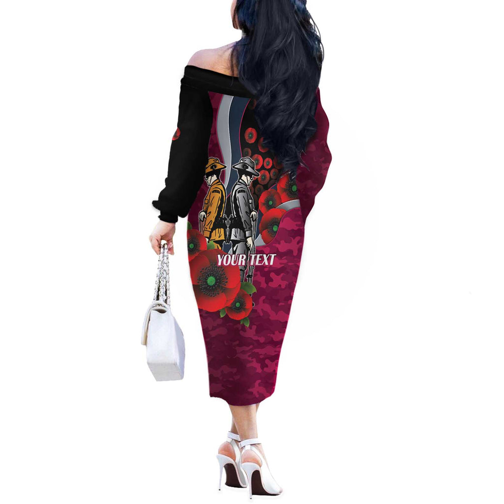 Manly Warringah Sea Eagles ANZAC Personalised Off The Shoulder Long Sleeve Dress Lest We Forget Poppy Camo