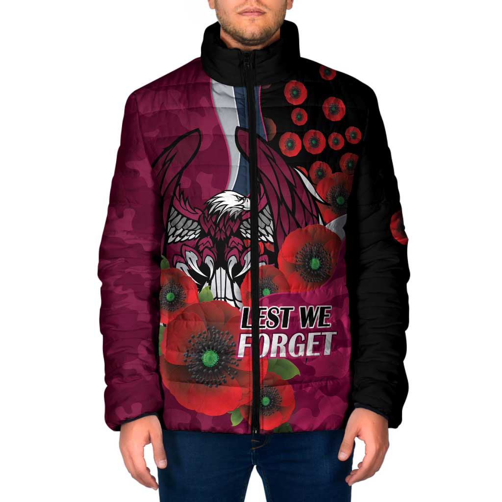 Manly Warringah Sea Eagles ANZAC Personalised Padded Jacket Lest We Forget Poppy Camo