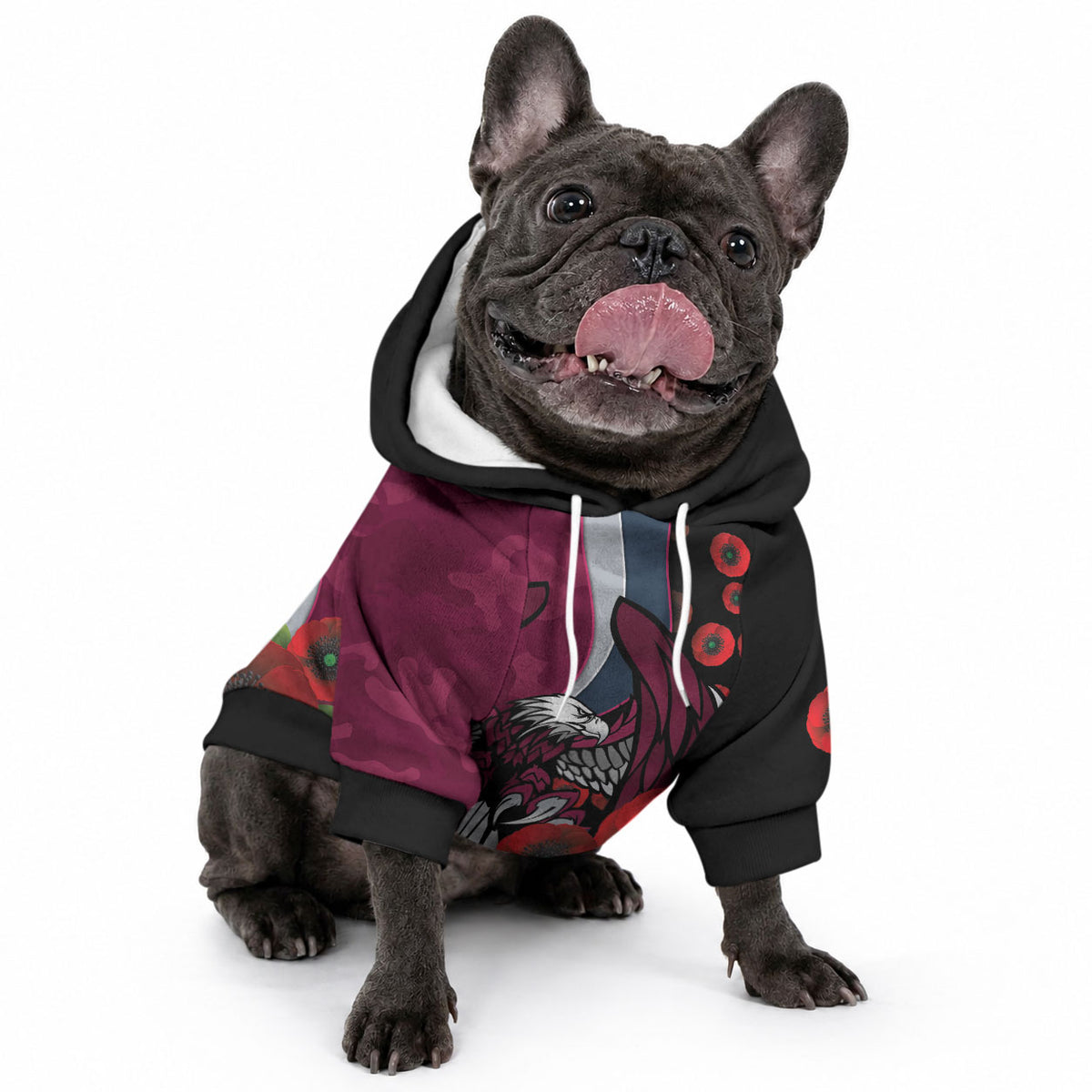 Manly Warringah Sea Eagles ANZAC Personalised Pet Hoodie Lest We Forget Poppy Camo