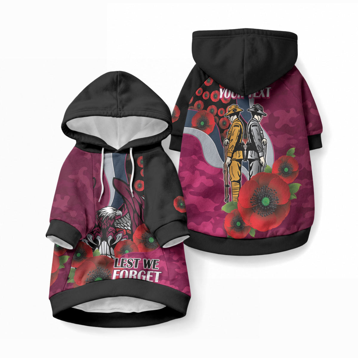 Manly Warringah Sea Eagles ANZAC Personalised Pet Hoodie Lest We Forget Poppy Camo