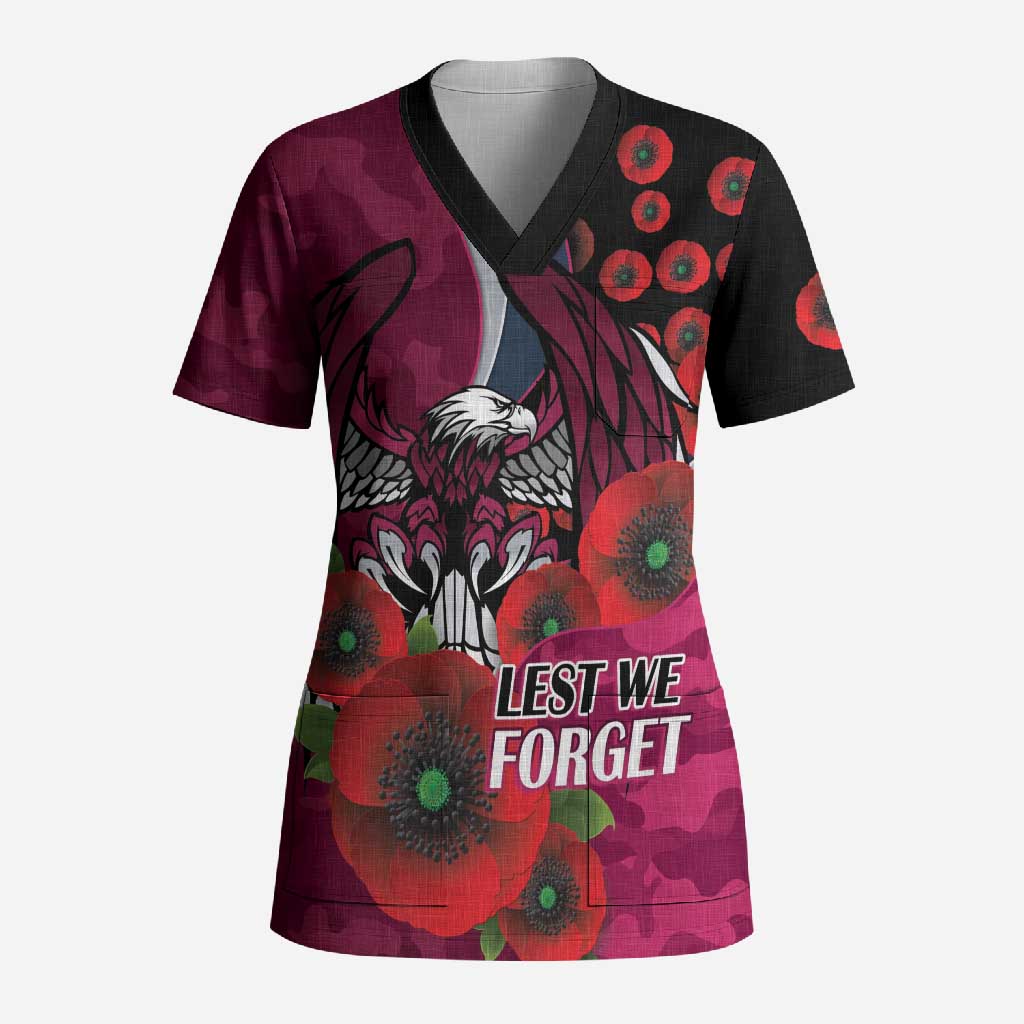 Manly Warringah Sea Eagles ANZAC Personalised Scrub Top Lest We Forget Poppy Camo