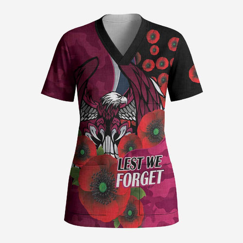 Manly Warringah Sea Eagles ANZAC Personalised Scrub Top Lest We Forget Poppy Camo