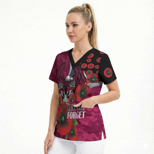 Manly Warringah Sea Eagles ANZAC Personalised Scrub Top Lest We Forget Poppy Camo
