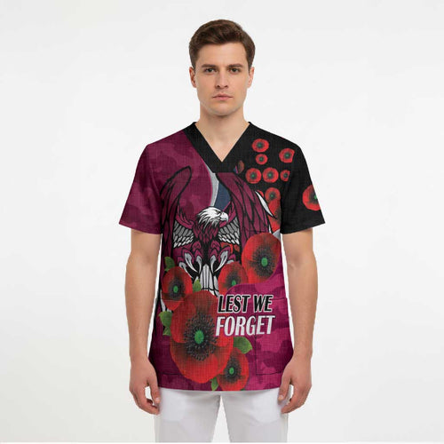Manly Warringah Sea Eagles ANZAC Personalised Scrub Top Lest We Forget Poppy Camo