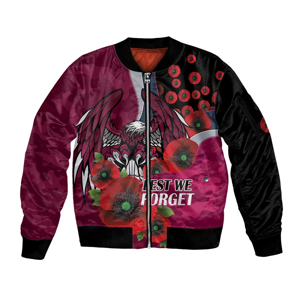 Manly Warringah Sea Eagles ANZAC Personalised Sleeve Zip Bomber Jacket Lest We Forget Poppy Camo