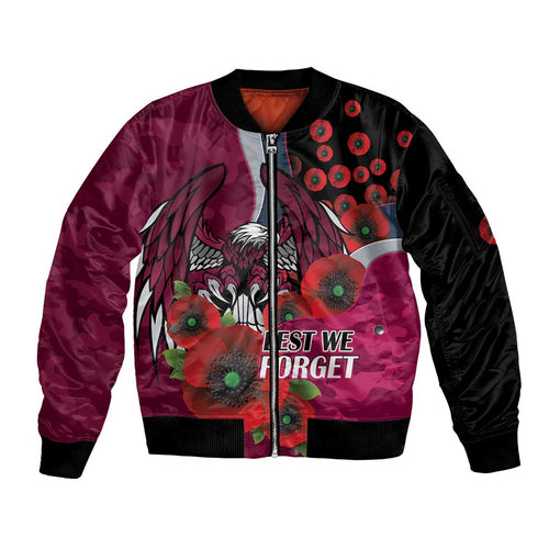 Manly Warringah Sea Eagles ANZAC Personalised Sleeve Zip Bomber Jacket Lest We Forget Poppy Camo