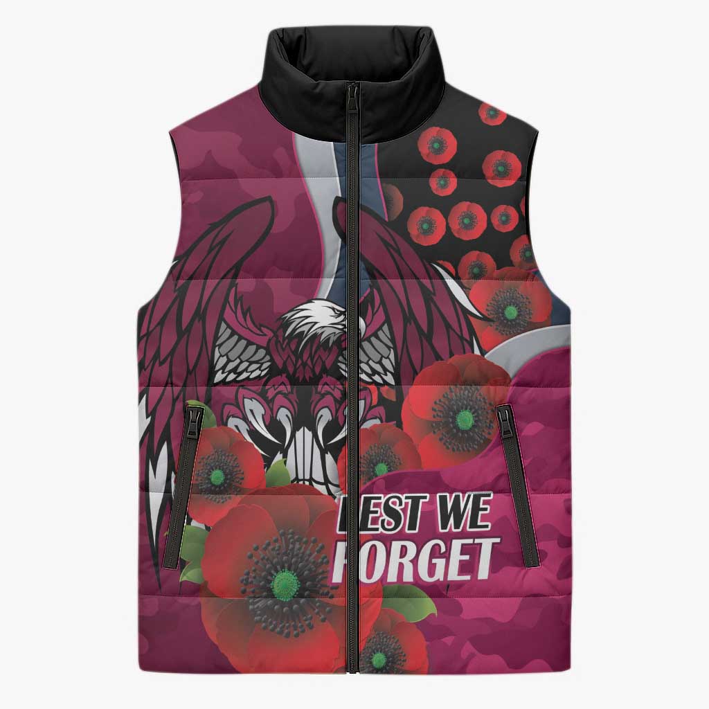 Manly Warringah Sea Eagles ANZAC Personalised Sleeveless Puffer Jacket Lest We Forget Poppy Camo