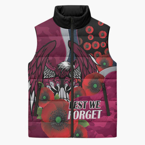Manly Warringah Sea Eagles ANZAC Personalised Sleeveless Puffer Jacket Lest We Forget Poppy Camo