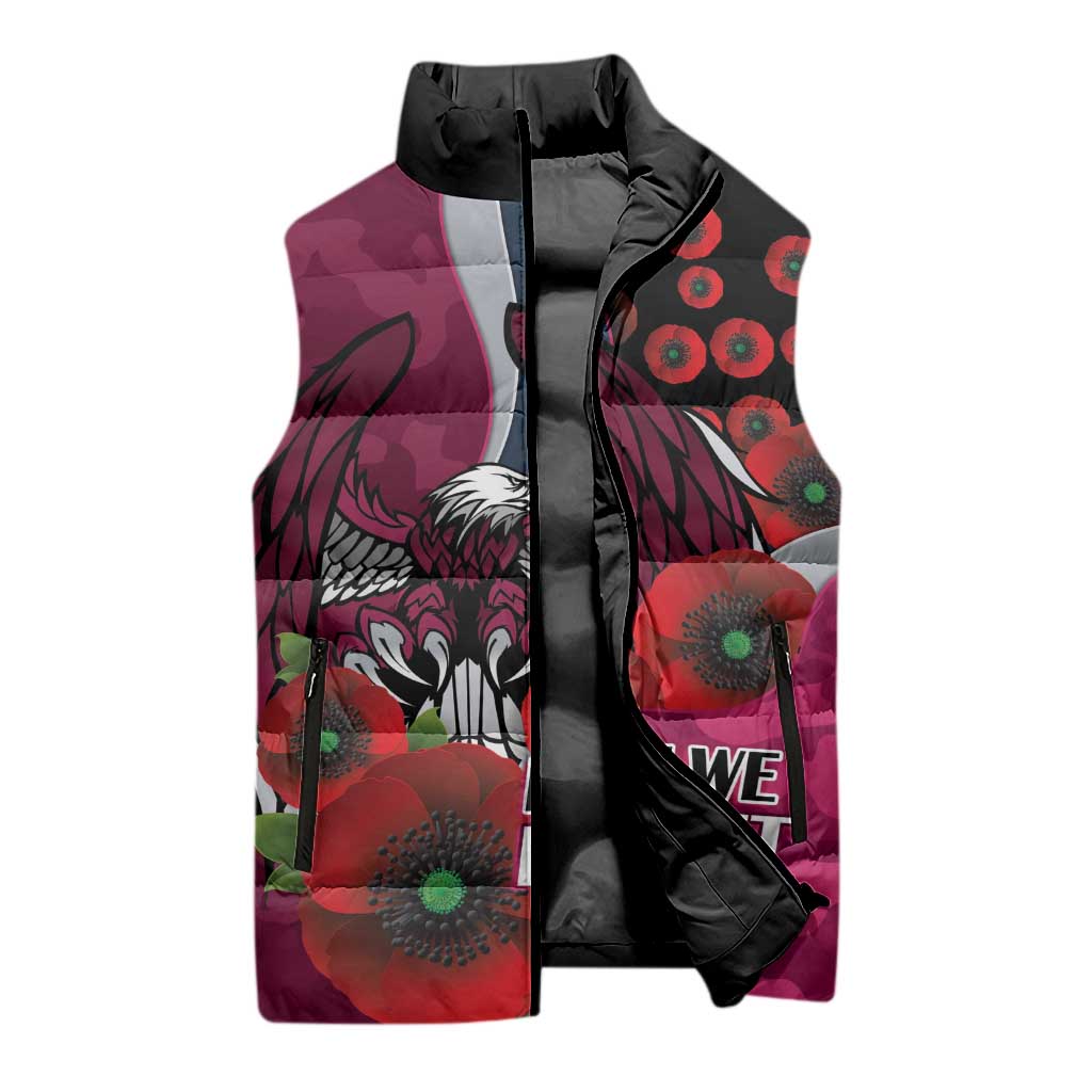 Manly Warringah Sea Eagles ANZAC Personalised Sleeveless Puffer Jacket Lest We Forget Poppy Camo