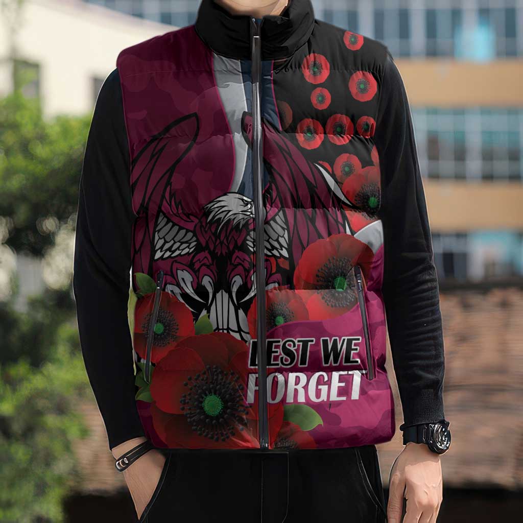 Manly Warringah Sea Eagles ANZAC Personalised Sleeveless Puffer Jacket Lest We Forget Poppy Camo