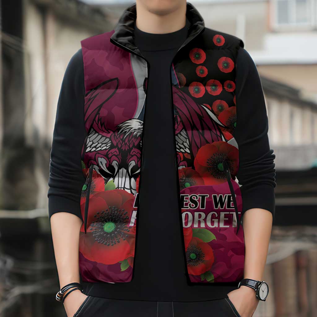 Manly Warringah Sea Eagles ANZAC Personalised Sleeveless Puffer Jacket Lest We Forget Poppy Camo