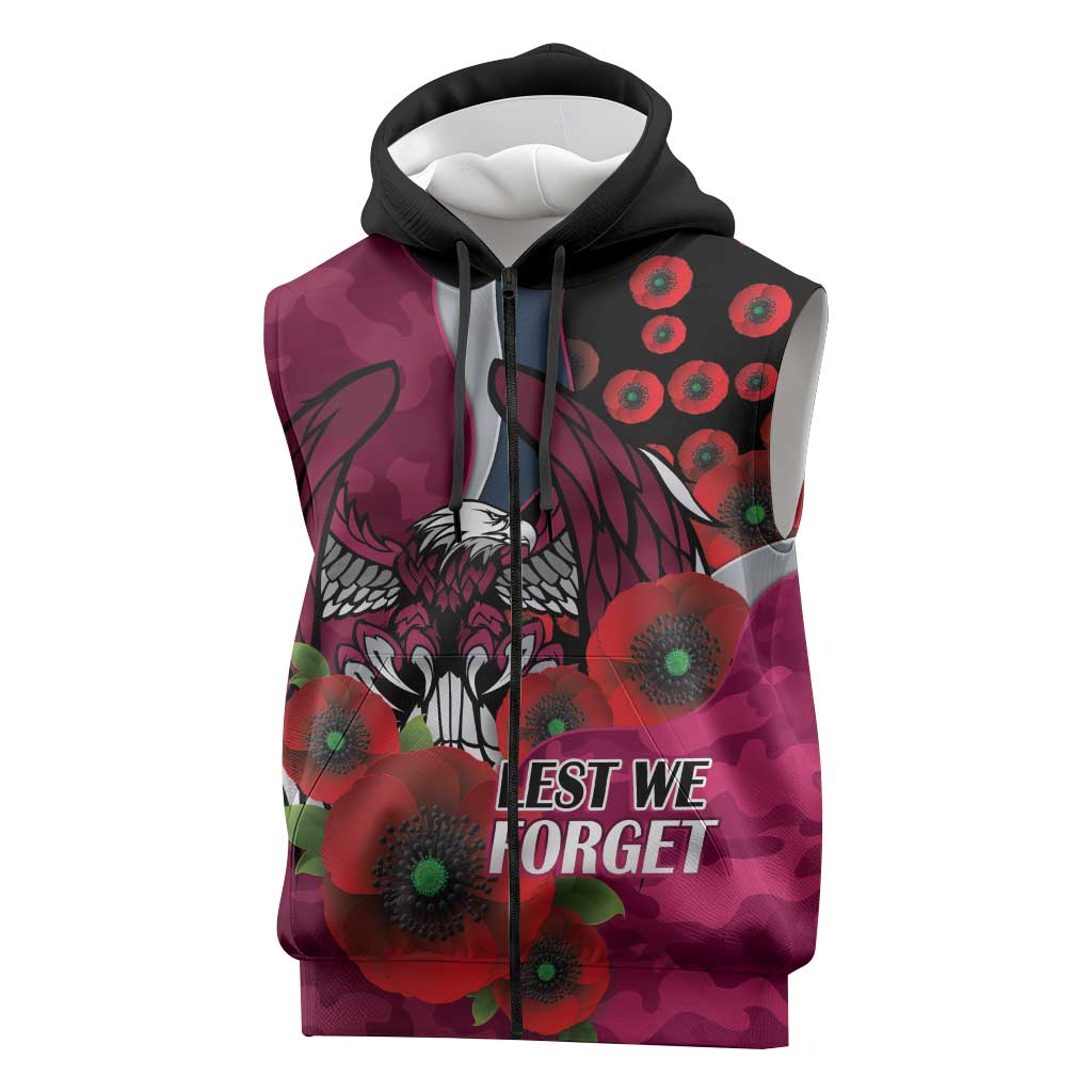 Manly Warringah Sea Eagles ANZAC Personalised Sleeveless Zip Hoodie Lest We Forget Poppy Camo