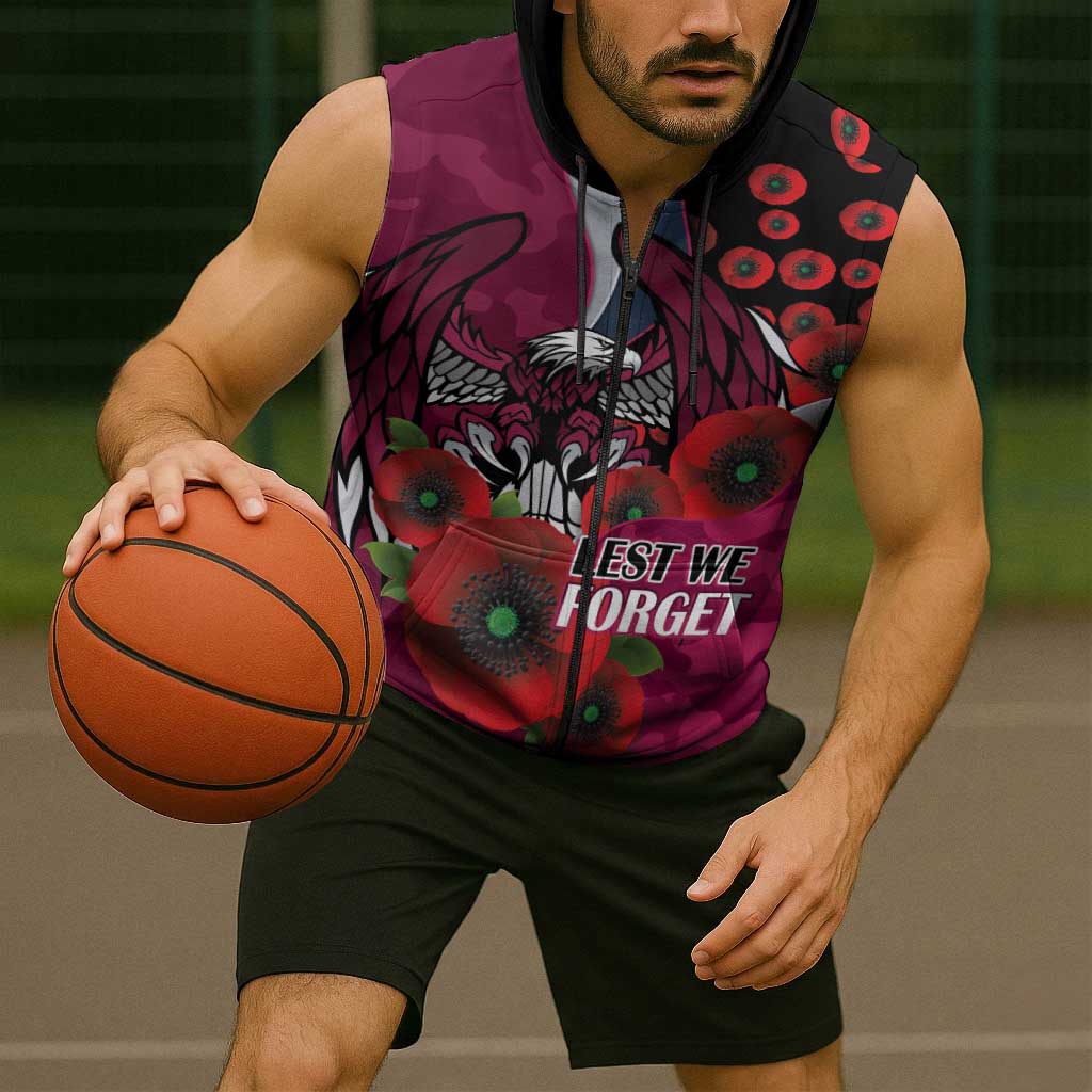 Manly Warringah Sea Eagles ANZAC Personalised Sleeveless Zip Hoodie Lest We Forget Poppy Camo