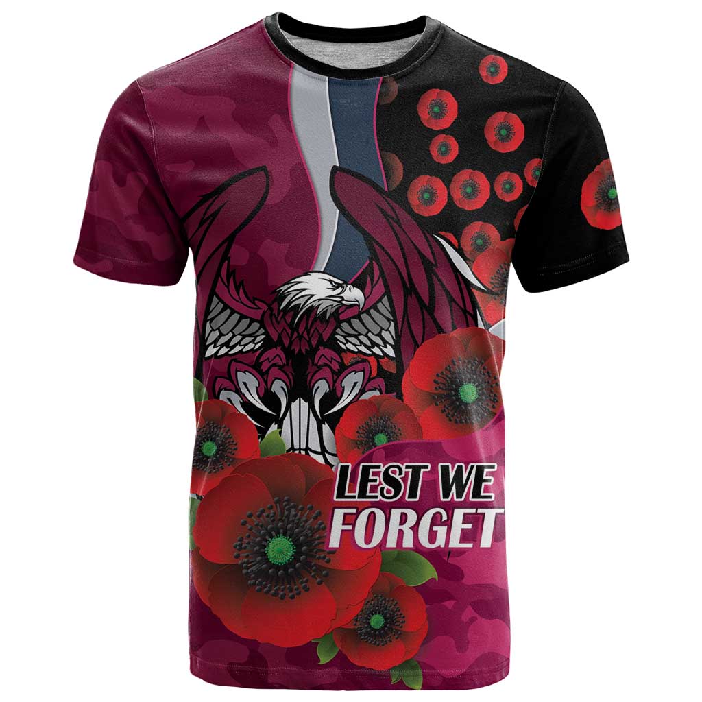 Manly Warringah Sea Eagles ANZAC Personalised T Shirt Lest We Forget Poppy Camo