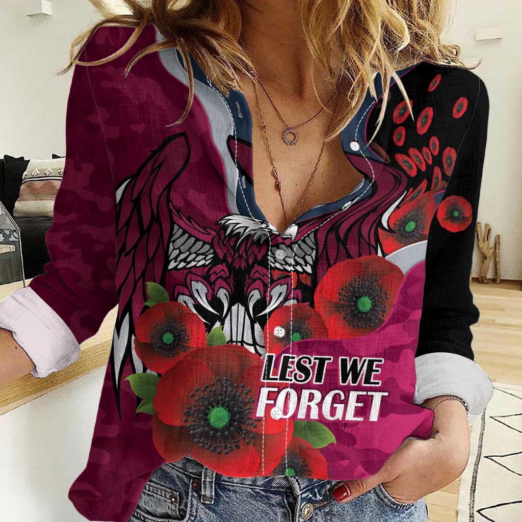 Manly Warringah Sea Eagles ANZAC Personalised Women Casual Shirt Lest We Forget Poppy Camo