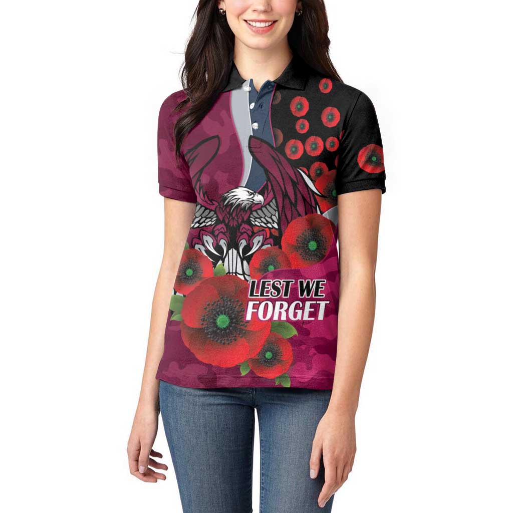 Manly Warringah Sea Eagles ANZAC Personalised Women Polo Shirt Lest We Forget Poppy Camo