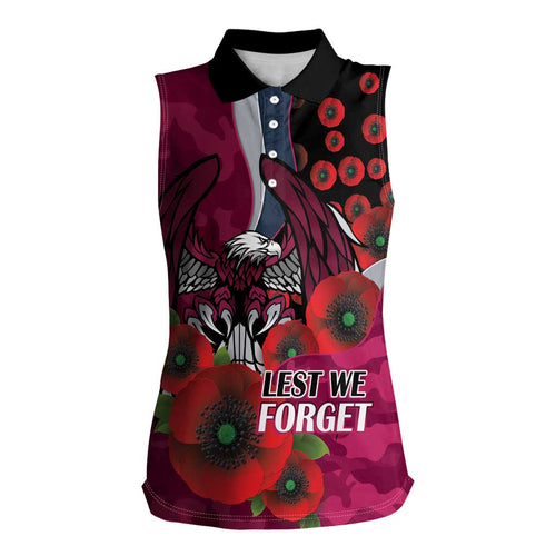 Manly Warringah Sea Eagles ANZAC Personalised Women Sleeveless Polo Shirt Lest We Forget Poppy Camo