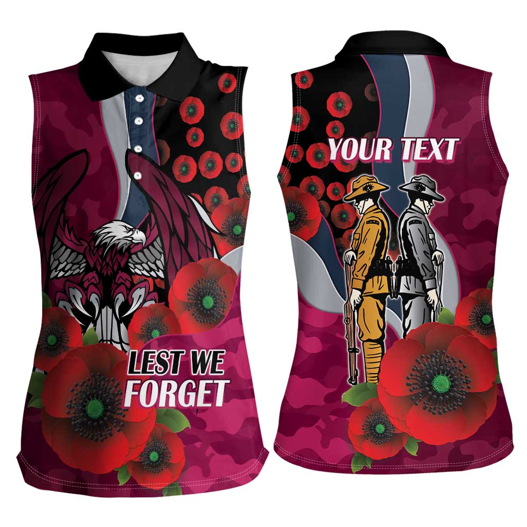 Manly Warringah Sea Eagles ANZAC Personalised Women Sleeveless Polo Shirt Lest We Forget Poppy Camo