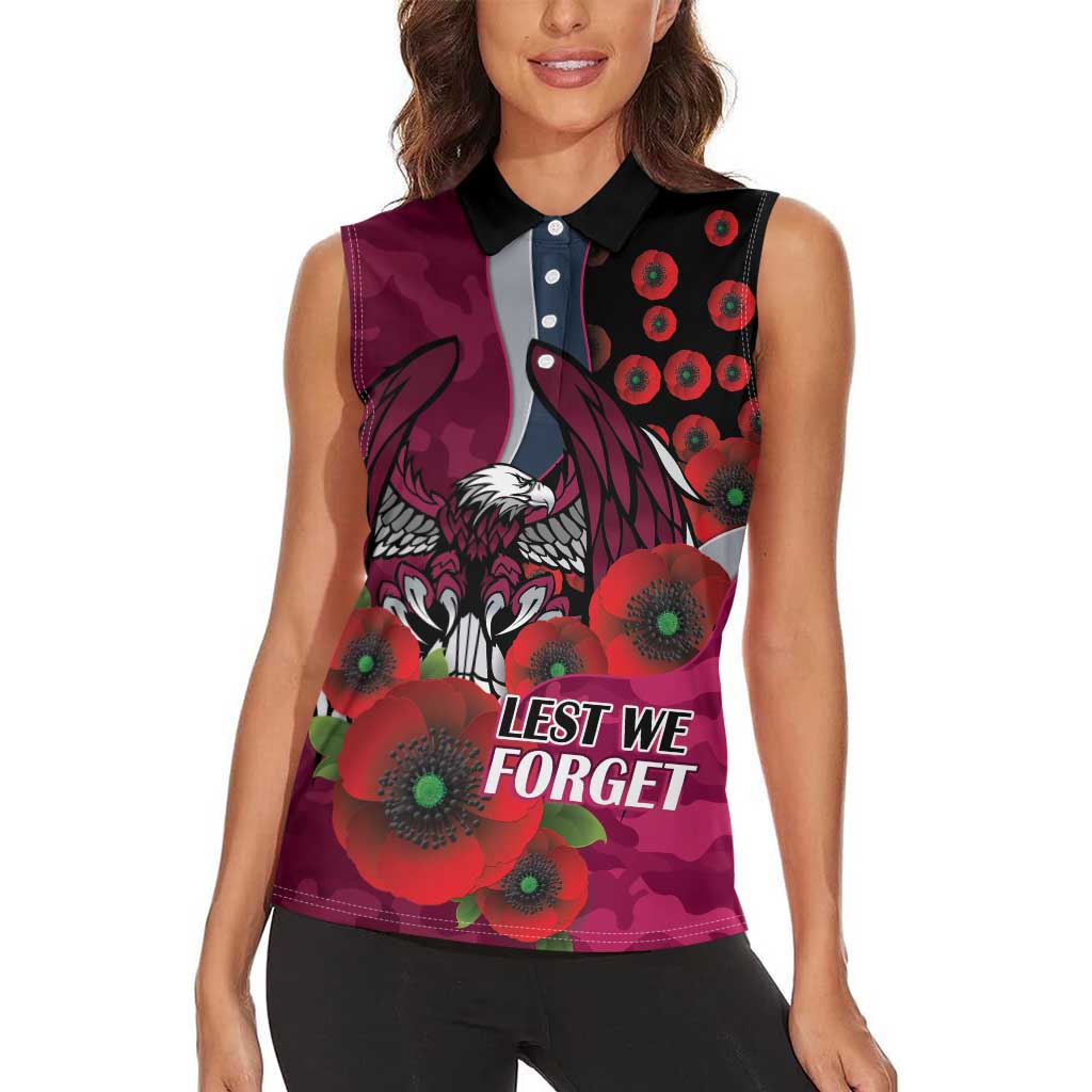 Manly Warringah Sea Eagles ANZAC Personalised Women Sleeveless Polo Shirt Lest We Forget Poppy Camo