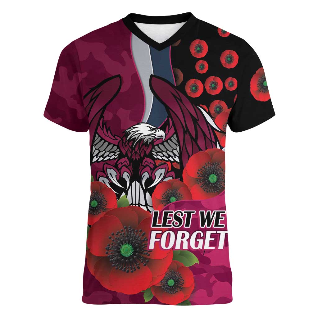 Manly Warringah Sea Eagles ANZAC Personalised Women V-Neck T-Shirt Lest We Forget Poppy Camo