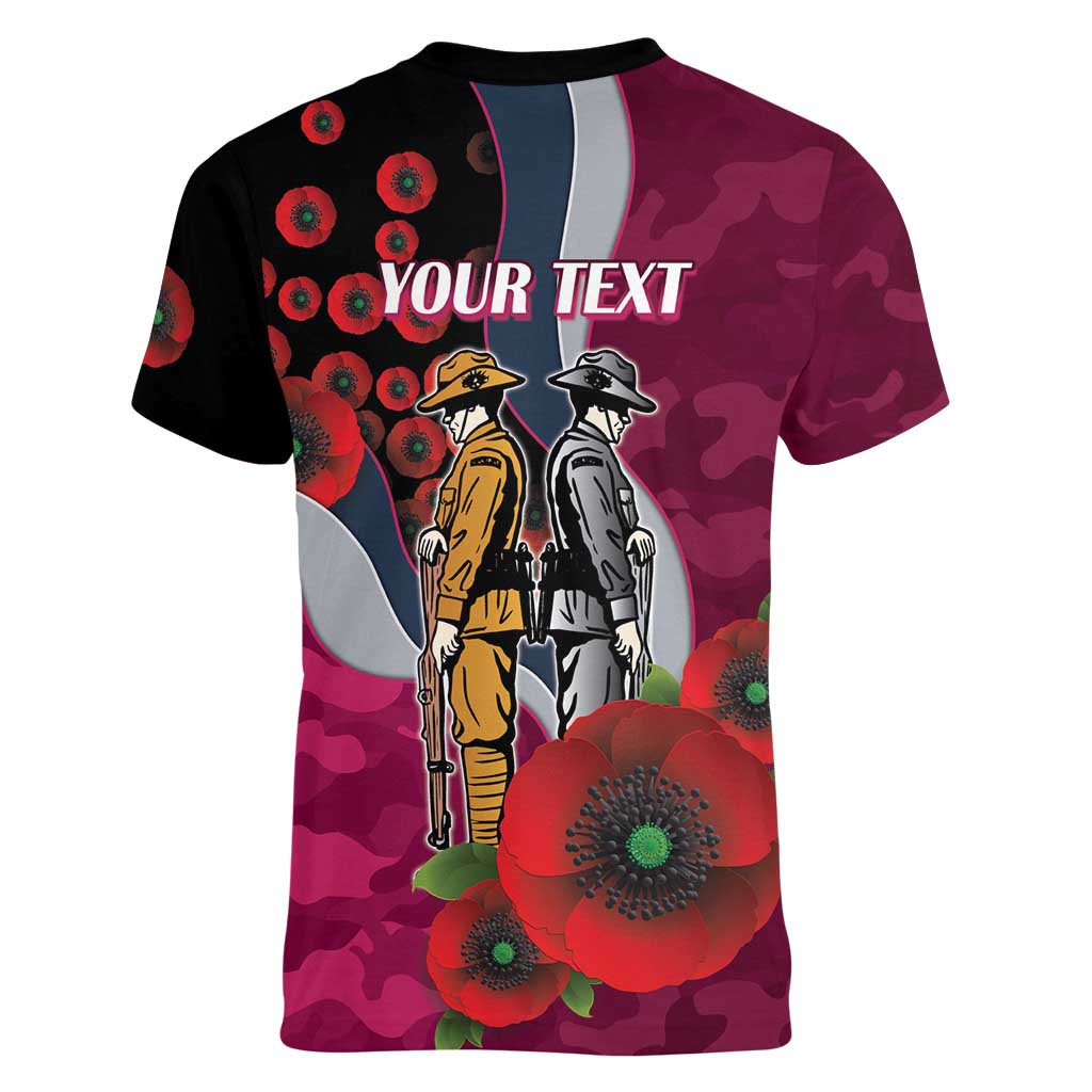 Manly Warringah Sea Eagles ANZAC Personalised Women V-Neck T-Shirt Lest We Forget Poppy Camo