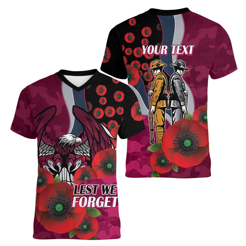 Manly Warringah Sea Eagles ANZAC Personalised Women V-Neck T-Shirt Lest We Forget Poppy Camo