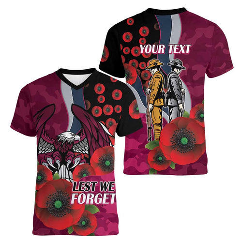 Manly Warringah Sea Eagles ANZAC Personalised Women V-Neck T-Shirt Lest We Forget Poppy Camo