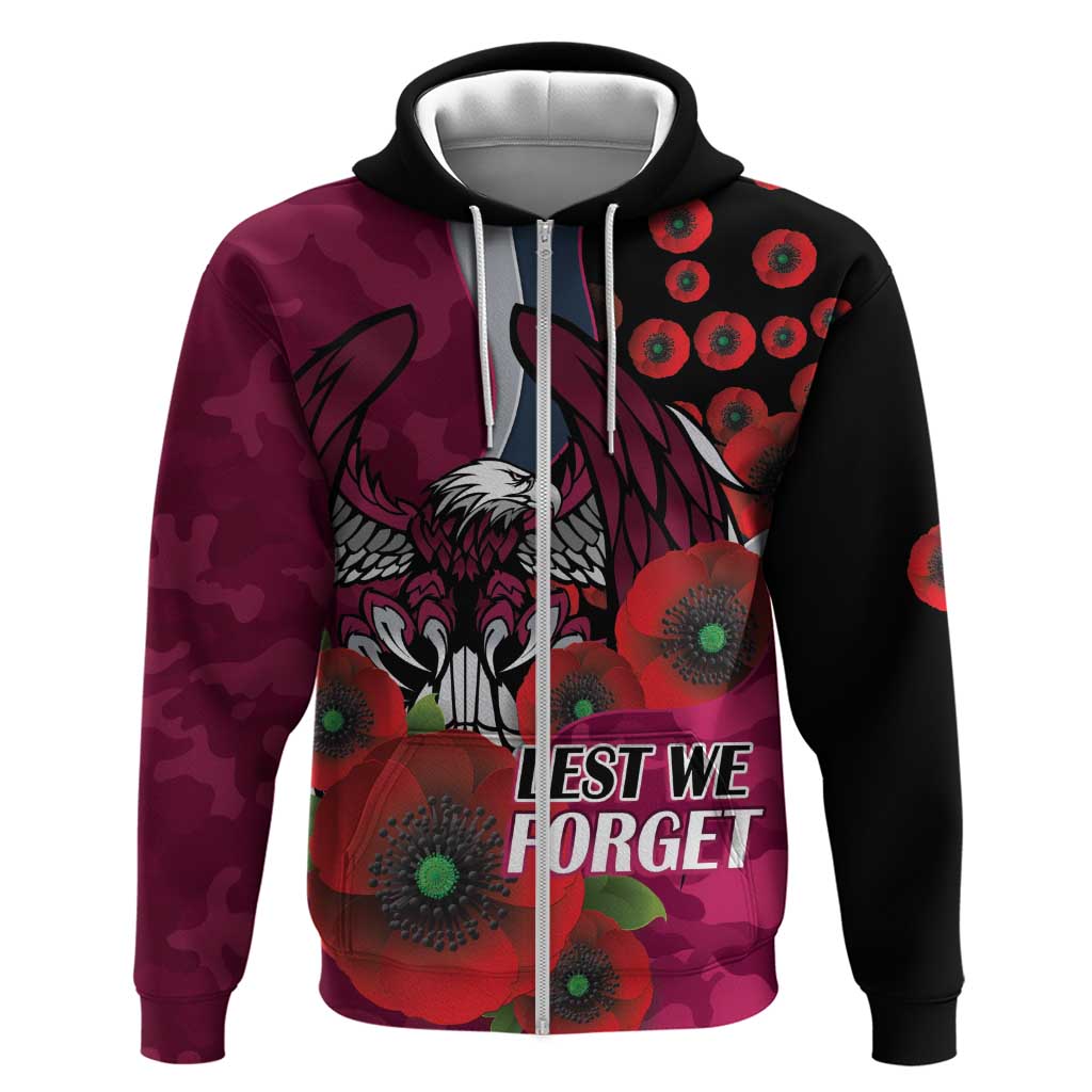 Manly Warringah Sea Eagles ANZAC Personalised Zip Hoodie Lest We Forget Poppy Camo