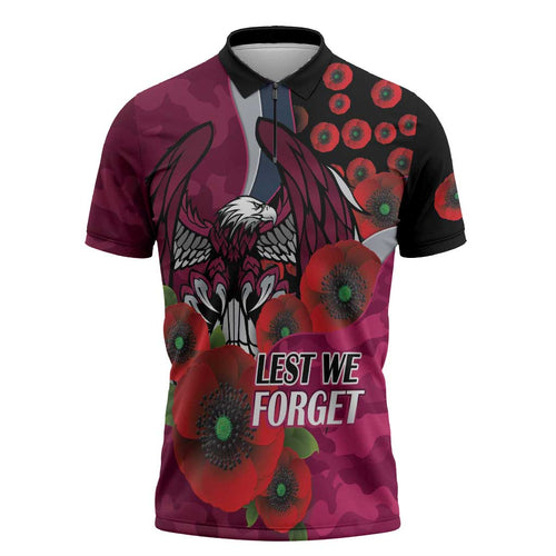 Manly Warringah Sea Eagles ANZAC Personalised Zipper Polo Shirt Lest We Forget Poppy Camo