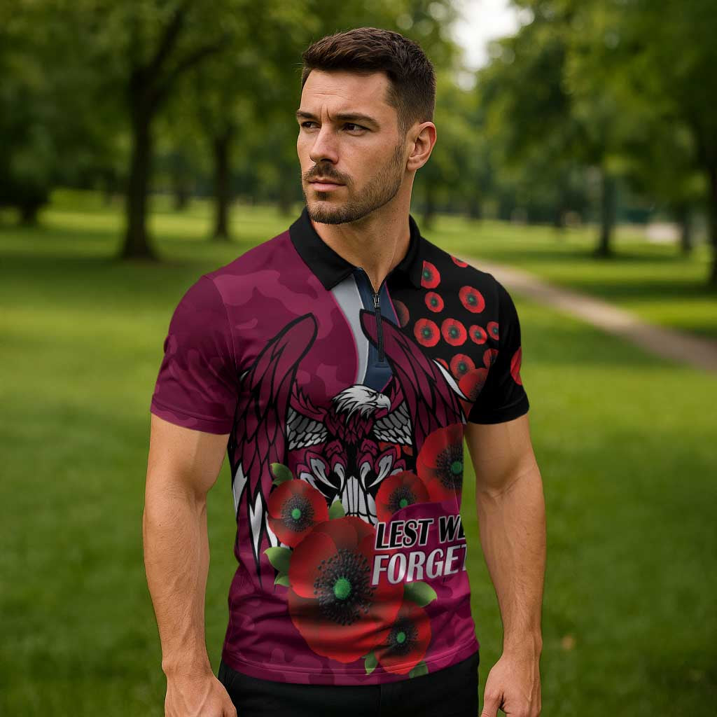 Manly Warringah Sea Eagles ANZAC Personalised Zipper Polo Shirt Lest We Forget Poppy Camo