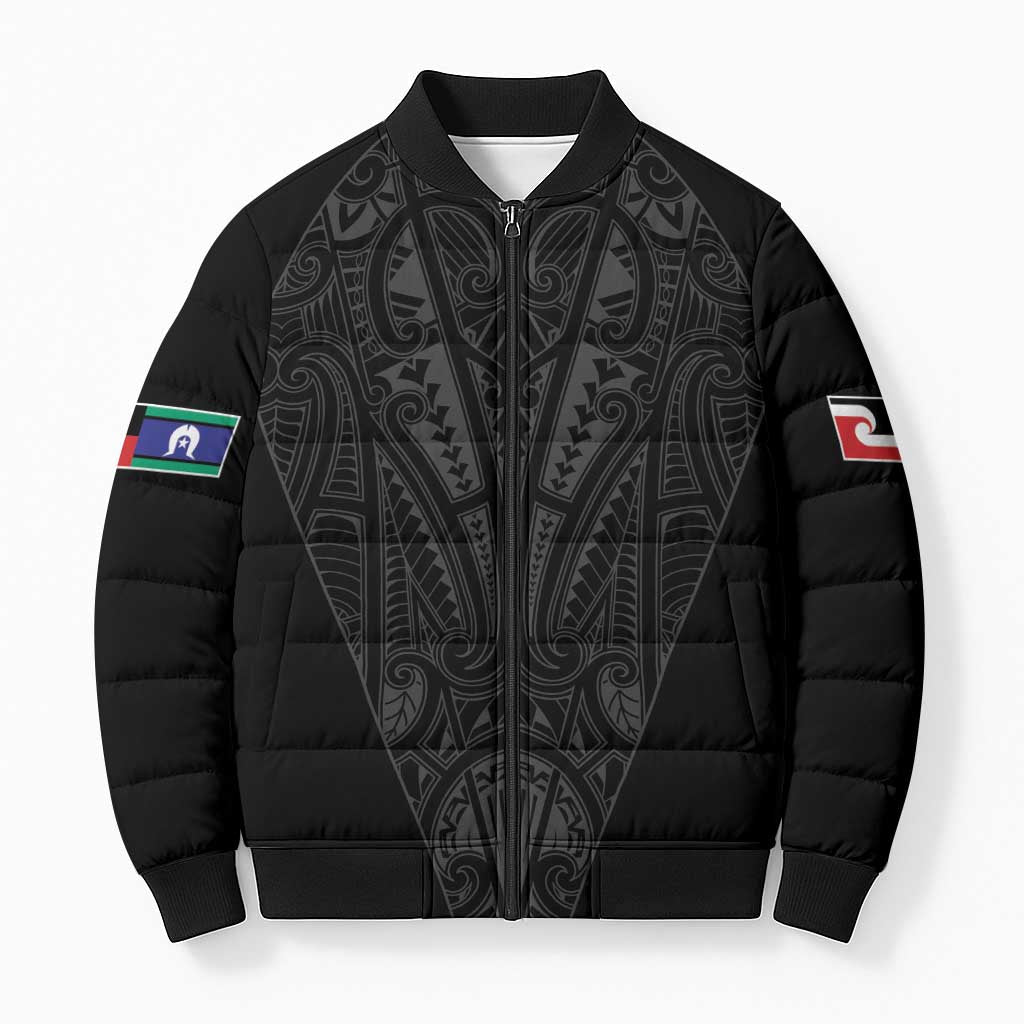 Queensland Maori Rugby Nga Hau e Wha Bomber Puffer Jacket Black Motif - Aussie Hoodie
