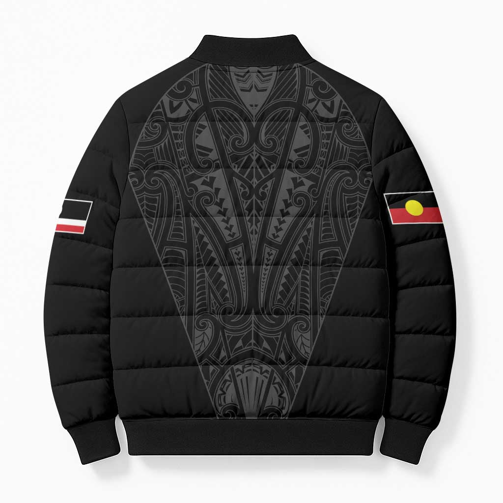 Queensland Maori Rugby Nga Hau e Wha Bomber Puffer Jacket Black Motif - Aussie Hoodie